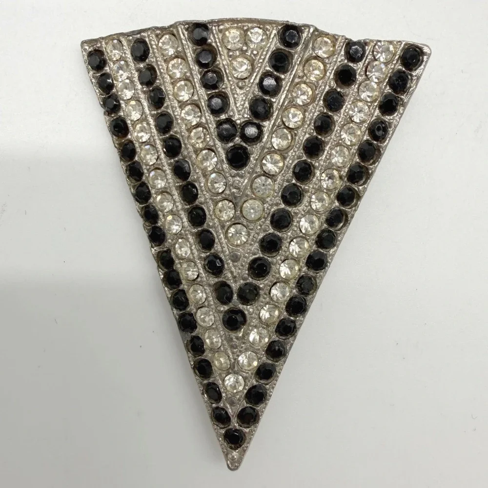 Vintage Signed TARA Black Clear Rhinestone Triangle Brooch